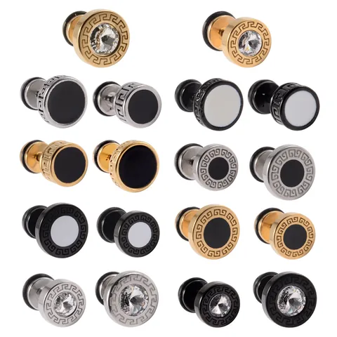 Pendientes de Botón de Acero Inoxidable Con Greca Griega Diamante de Imitación Esmalte Geométricos Pendientes de Piercing Joyería Unisex