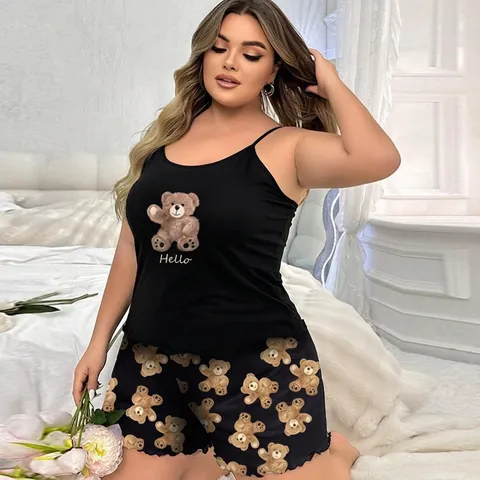 Women Plus Size Casual Loungewear Set Black Cami Top And Bottom Cartoon Bear Print Comfortable Spaghetti Strap Sleepwear