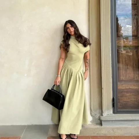 Vestido Largo de Un Hombro Elegante para Mujer de Poliéster Sedoso Plisado Dobladillo Grande Color Sólido Vestido de Fiesta Vacaciones