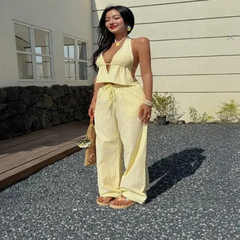 Women Polyester Striped Halter Backless Top And Bottom Vacation Style V-Neck Top High Waist Wide Leg Pants Casual Summer Beachwear