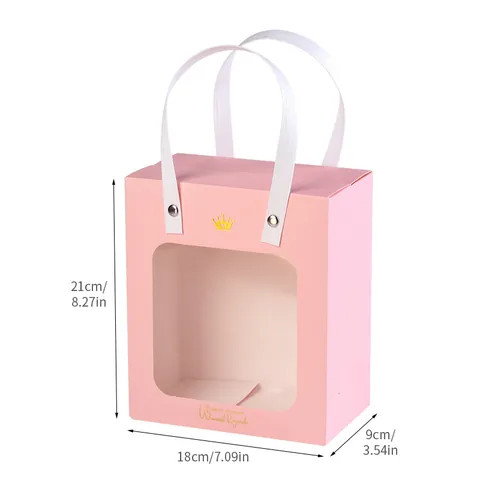 Hot Stamping Transparent Window Gift Bag Cardboard Handheld Gift Pouch With Ribbon Handle Crown Design Wedding Birthday Favor Packaging Bag