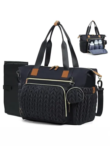 Quilted Polyester Diaper Bag Tote Large Capacity Travel Nappy Bag With Insulated Bottle Pockets For Newborn Hospital Baby Care