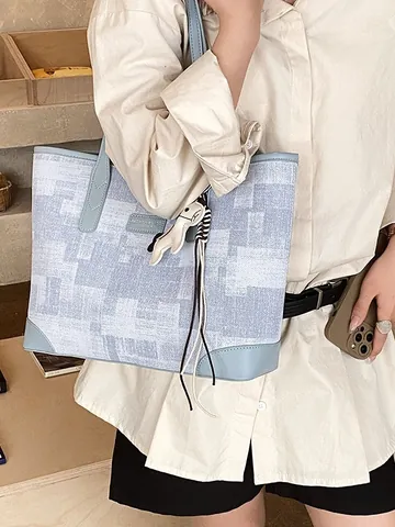 Korean Style Large Capacity PU Leather Tote Bag With Horse Charm Geometric Pattern Shoulder Handbag For Women Commuting Casual Bag