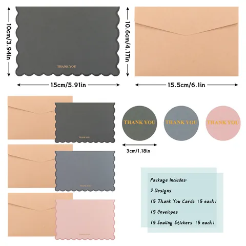 Gold Stamping Thank You Greeting Cards With Envelopes And Stickers Scalloped Edge Morandi Color Cards For Wedding Party Graduation