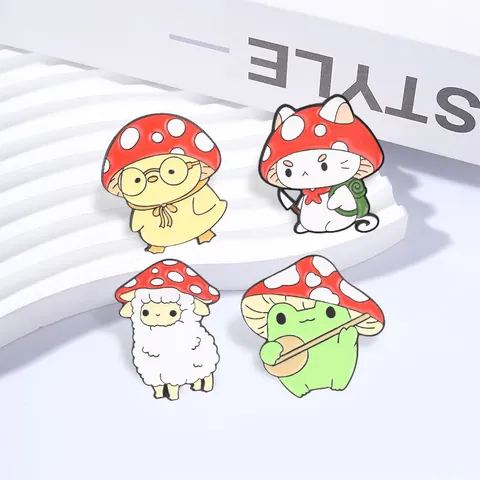 Cartoon Mushroom Animal Metal Enamel Brooch Pins Forest Fairy Tale Cute Cat Frog Sheep Duck Badges Zinc Alloy Jewelry Gift For Kids Women Men