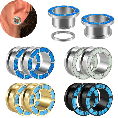Dilataciones de Oreja de Acero Inoxidable con Incrustaciones de Ópalo y Turquesa Joyas para Piercing Unisex