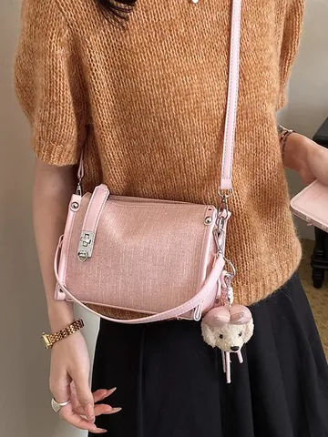 Casual Women PU Leather Pillow Bag Fashion Crossbody Shoulder Bag With Plush Bear Charm Top Handle Satchel Travel Handbag