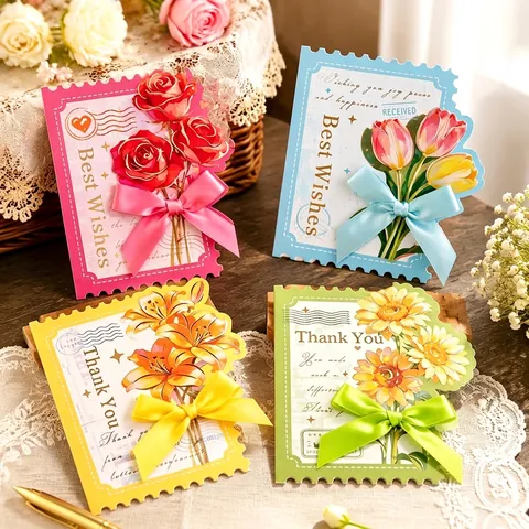 Vintage Floral Greeting Card With Bowknot Decor Bronzing Hot Stamping Folded Note Card With Envelope For Teacher Day Wedding