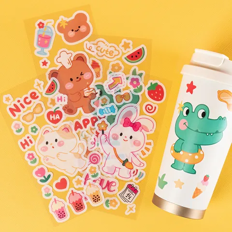 Cartoon Transparent PVC Waterproof Stickers Kawaii Rabbit Cat Bear Crocodile Ins Style Decorative Labels For Mobile Phone Water Bottle Stationery