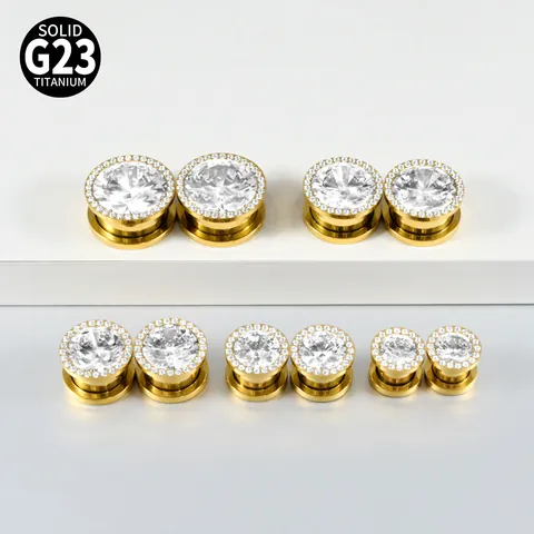 Solid G23 Titanium Pulley Ear Gauge Internal Thread Punk Body Piercing Zirconia Ear Expander Gold Plated Jewelry