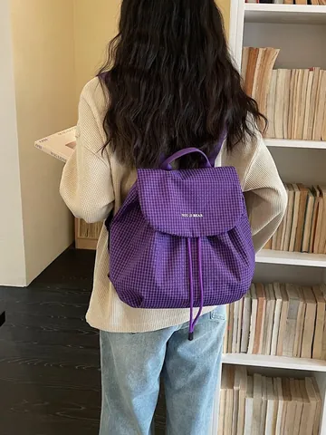 Women Plaid Casual Backpack Lightweight Korea Style Grid Letter Print Flap Drawstring Commuting School Shoulder Bag