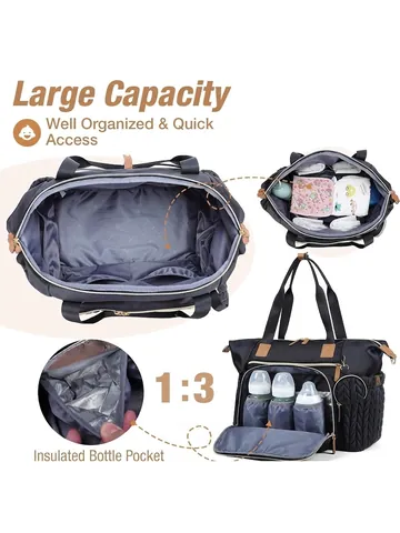 Quilted Polyester Diaper Bag Tote Large Capacity Travel Nappy Bag With Insulated Bottle Pockets For Newborn Hospital Baby Care