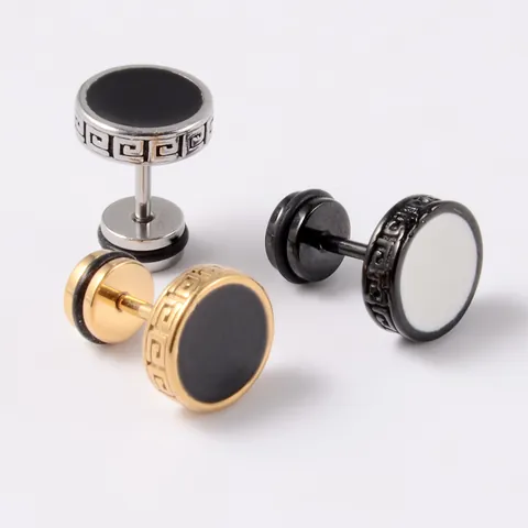 Pendientes de Botón de Acero Inoxidable Con Greca Griega Diamante de Imitación Esmalte Geométricos Pendientes de Piercing Joyería Unisex