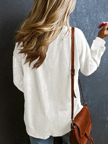 Damen Casual V-Ausschnitt Langarm Polyester Pullover Sweatshirt Waffelstrick Oberteil Mit Tasche Einfarbig Basic Jumper