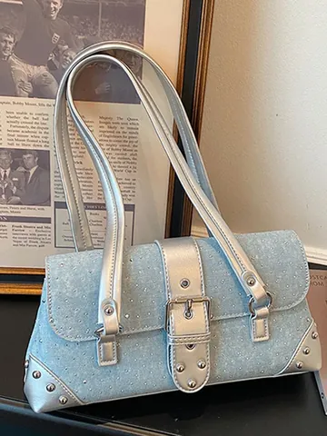 Vintage Y2K Denim Texture PU Baguette Bag Large Capacity Rhinestone Studded Underarm Shoulder Bag Boston Handbag