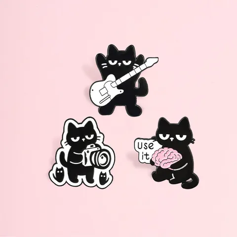 Cartoon Black Cat Zinc Alloy Brooch Pin Guitar Camera Brain Use It Slogan Personalized Animal Badge For Clothes Backpack Decor