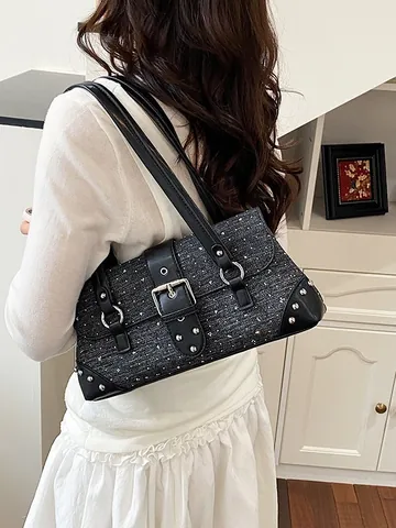 Vintage Y2K Denim Texture PU Baguette Bag Large Capacity Rhinestone Studded Underarm Shoulder Bag Boston Handbag