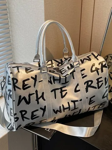 Fashion Letter Print Large Capacity Gym Bag Women PU Leather Travel Duffel Bag Graffiti Style Sports Crossbody Bag For Weekend Trip Fitness
