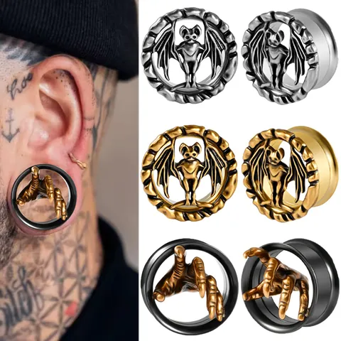 Vintage Gotische Roestvrijstalen Vleermuis Monsterklauw Oortunnels Antiek Goud Zilver Dubbele Flare Interne Draad Piercing Sieraden