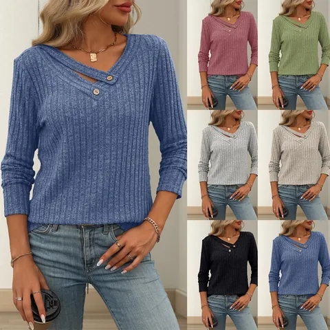 Top de Punto Acanalado con Cuello en V para Mujer Manga Larga Color Sólido Suéter Ajustado con Botones Decorativos Top Minimalista