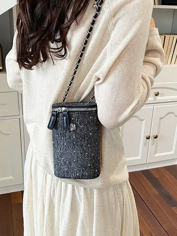 French Style Denim Tweed Chain Phone Bag Rhinestone Camellia Crossbody Mini Shoulder Bag For Women