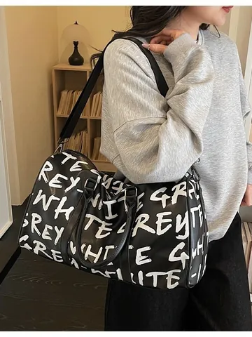 Fashion Letter Print Large Capacity Gym Bag Women PU Leather Travel Duffel Bag Graffiti Style Sports Crossbody Bag For Weekend Trip Fitness