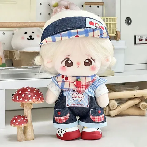 Ropa de Muñeca de Algodón de 20cm Kawaii Sombrero de Mezclilla Bufanda Gingham Camisa de Lunares Overol con Botón de Corazón Accesorios para Muñecas de Peluche Regalo