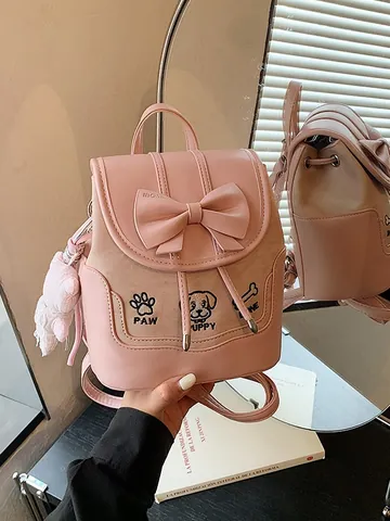 Fashion PU Leather Bowknot Backpack Women Cute Puppy Pattern Mini Travel Bag Sweet Casual Rucksack With Pendant Gift
