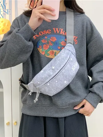 Trendy Star Print Canvas Chest Bag Casual Sports Large Capacity Waist Bag For Women Crossbody Fanny Pack Travel Belt Bag