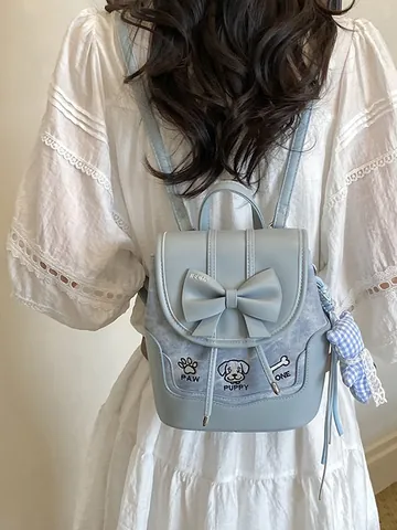 Fashion PU Leather Bowknot Backpack Women Cute Puppy Pattern Mini Travel Bag Sweet Casual Rucksack With Pendant Gift