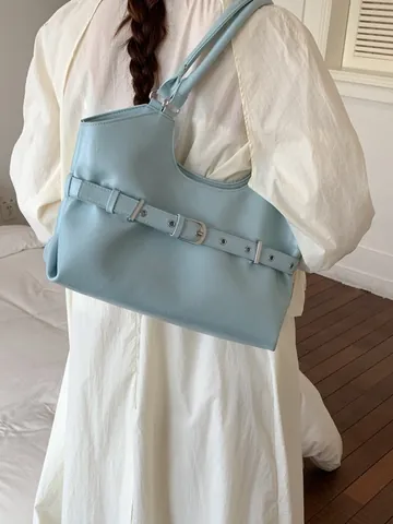 Women PU Leather Tote Bag Fashion Shoulder Underarm Bag With Belt Buckle Decor Casual Large Capacity Handbag Daily Travel