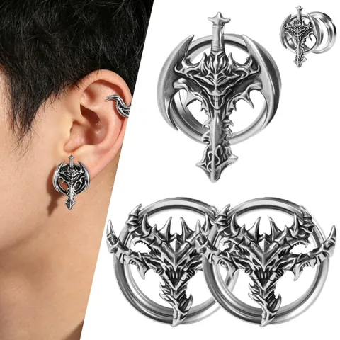 Orecchini a Dilatatore in Acciaio Inossidabile Punk Gotico Diavolo Mostro Spada Doppio Svasato Gioielli per Piercing Unisex