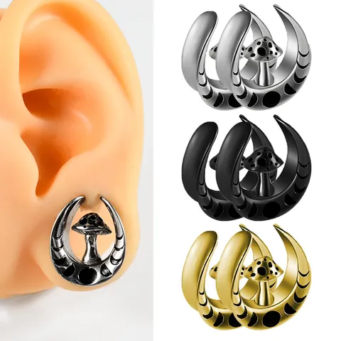 Stainless Steel U-Shaped Ear Gauges Mushroom Moon Phase Punk Ear Plugs Tunnels Piercing Jewelry For Men Women Gold Black Silver