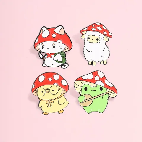 Cartoon Mushroom Animal Metal Enamel Brooch Pins Forest Fairy Tale Cute Cat Frog Sheep Duck Badges Zinc Alloy Jewelry Gift For Kids Women Men