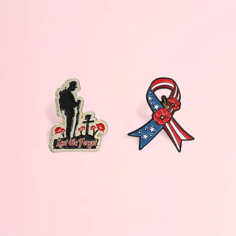 Memorial Enamel Brooch Lest We Forget Soldier Silhouette Poppy Pin Flag Ribbon Badge Zinc Alloy Jewelry For Veterans