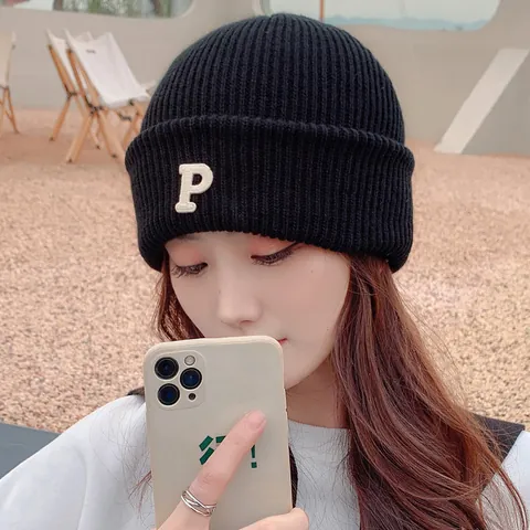 Letter P Embroidery Knitted Beanie Men Women Winter Warm Soft Acrylic Hip Hop Skull Cap Solid Color Cuff Beanie Outdoor Hat