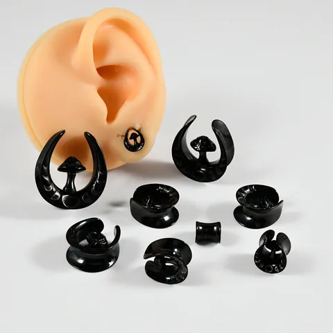 Stainless Steel U-Shaped Ear Gauges Mushroom Moon Phase Punk Ear Plugs Tunnels Piercing Jewelry For Men Women Gold Black Silver