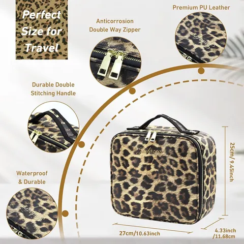 Professional Leopard Print PU Leather Makeup Case With LED Light Mirror Large Capacity Travel Cosmetic Box Adjustable Dividers Makeup Organizer Train Case