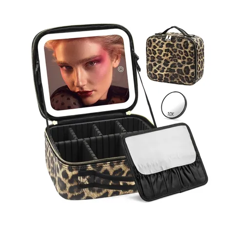 Professional Leopard Print PU Leather Makeup Case With LED Light Mirror Large Capacity Travel Cosmetic Box Adjustable Dividers Makeup Organizer Train Case
