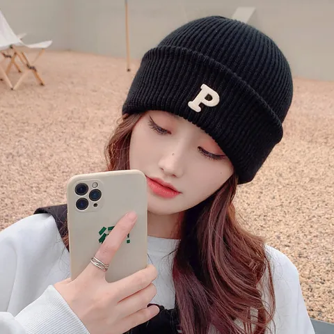 Letter P Embroidery Knitted Beanie Men Women Winter Warm Soft Acrylic Hip Hop Skull Cap Solid Color Cuff Beanie Outdoor Hat