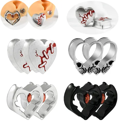 Edelstahl Herz Ohr-Plugs Roter Strass Marquise Ear Gauges Totenkopf Risse Muster Punk Gothik Piercingschmuck Für Herren Damen