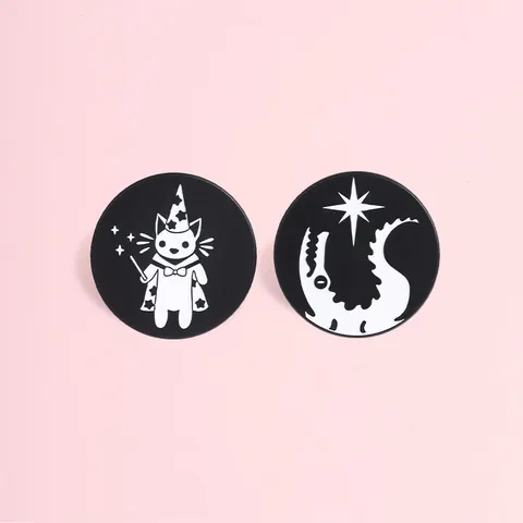 Black White Magic Wizard Cat Star Crocodile Enamel Pin Round Metal Badge Brooch For Clothing Bag Decoration Unisex Jewelry Gift