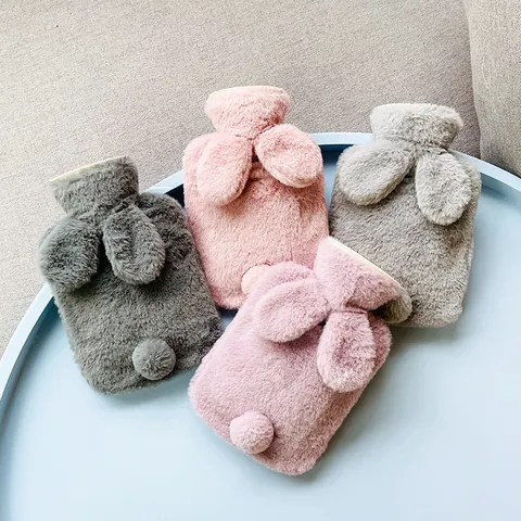 Mignonne Bouillotte en Fausse Fourrure de Lapin avec Oreilles Housse en Peluche Douce PVC Haute Densité Chauffe-Mains pour Hiver Soulagement Estomac Taille Thérapie par la Chaleur