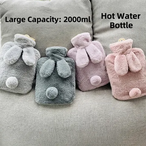 Mignonne Bouillotte en Fausse Fourrure de Lapin avec Oreilles Housse en Peluche Douce PVC Haute Densité Chauffe-Mains pour Hiver Soulagement Estomac Taille Thérapie par la Chaleur