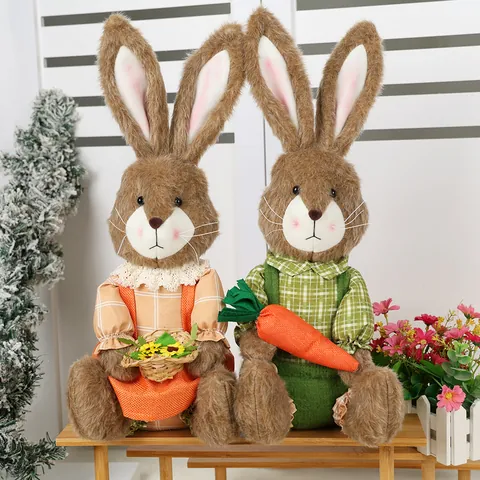 Ornamenti a Forma di Coniglio Pasquale Con Cesto di Fiori e Carota Statuette in Poliestere a Scacchi Per Decorazione