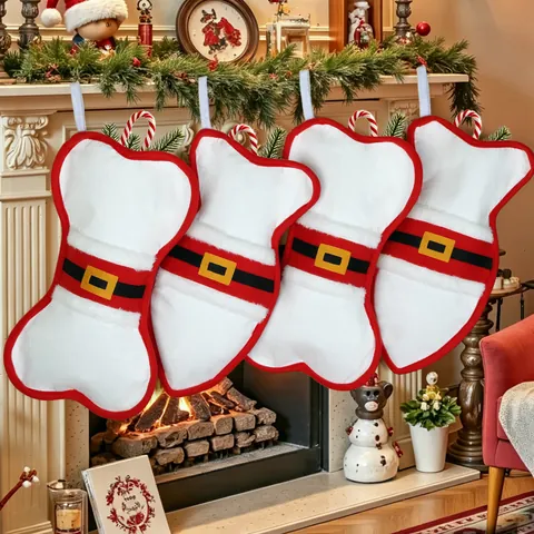 Bone Shaped Christmas Stocking For Pets Fireplace Hanging Decoration Red White Plush Dog Cat Xmas Gift Bag Home Decor