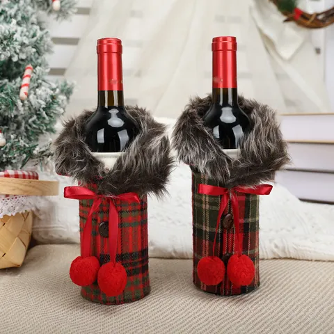 Christmas Wine Bottle Cover Plaid Checkered Bottle Bags With Faux Fur Collar Red Bow For Holiday Table Decor Home Party Supplies
