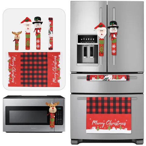 Christmas Refrigerator Handle Covers And Kitchen Towel Santa Snowman Reindeer Buffalo Plaid Polyester Appliance Decor Protective Wraps