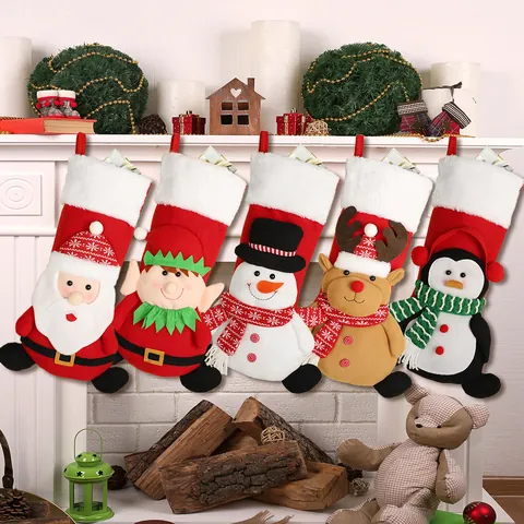 Grande Calza di Natale Con Personaggi 3D di Babbo Natale Pupazzo di Neve Renna Elfo Pinguino Polsino in Peluche Poliestere Calza Decorativa da Appendere