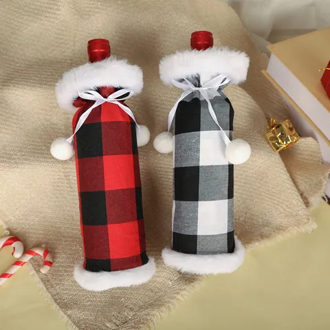Christmas Wine Bottle Cover Plush Faux Fur Buffalo Plaid Bag Ribbon Bow Pom-pom Festive Home Table Party Decoration Gift